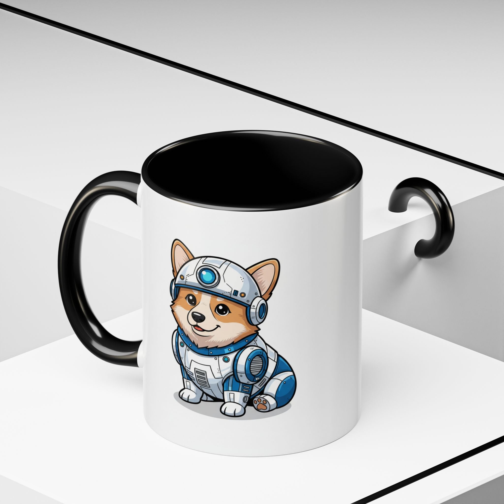 Corgi R2-D2 coffee mug with a black handle, featuring a cartoon corgi in a robot outfit on a white background.