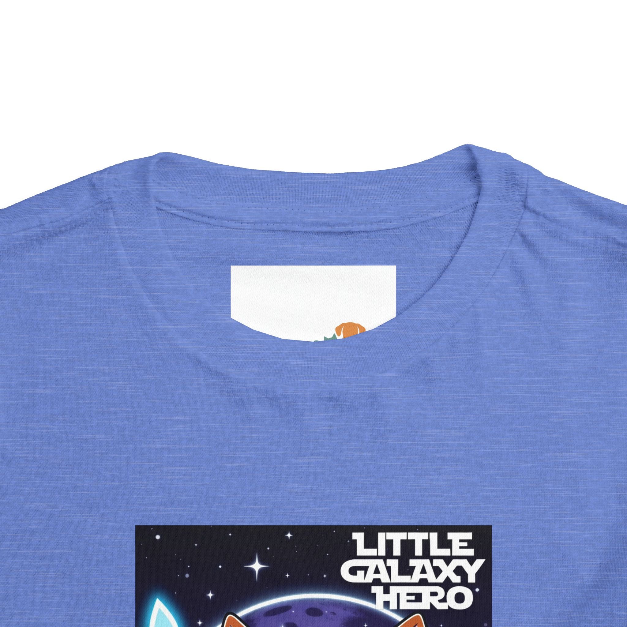 Little Galaxy Hero kids t-shirt in light blue featuring a cartoon space puppy design on the front.