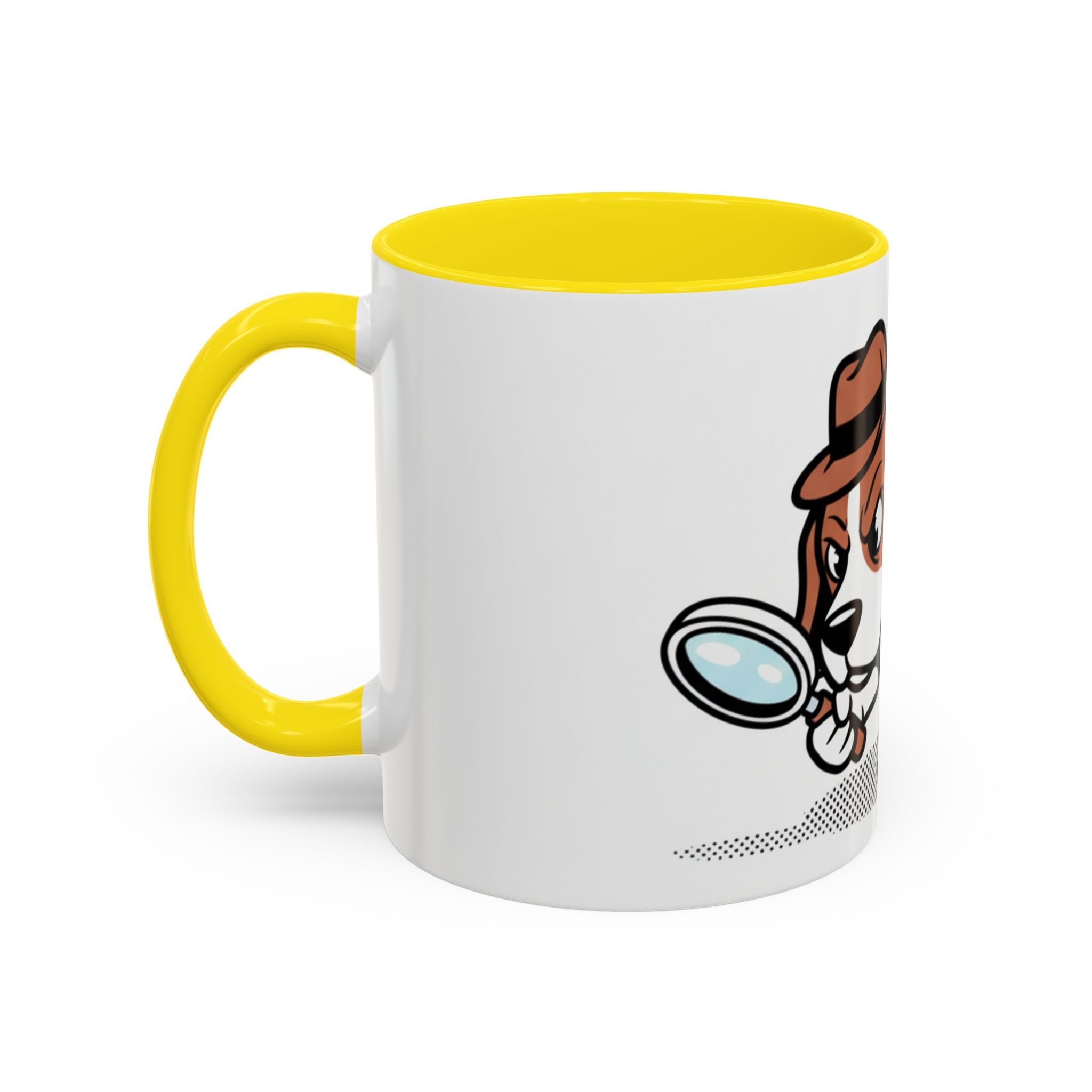 Detective Beagle mug with a yellow handle, featuring a cartoon beagle holding a magnifying glass.