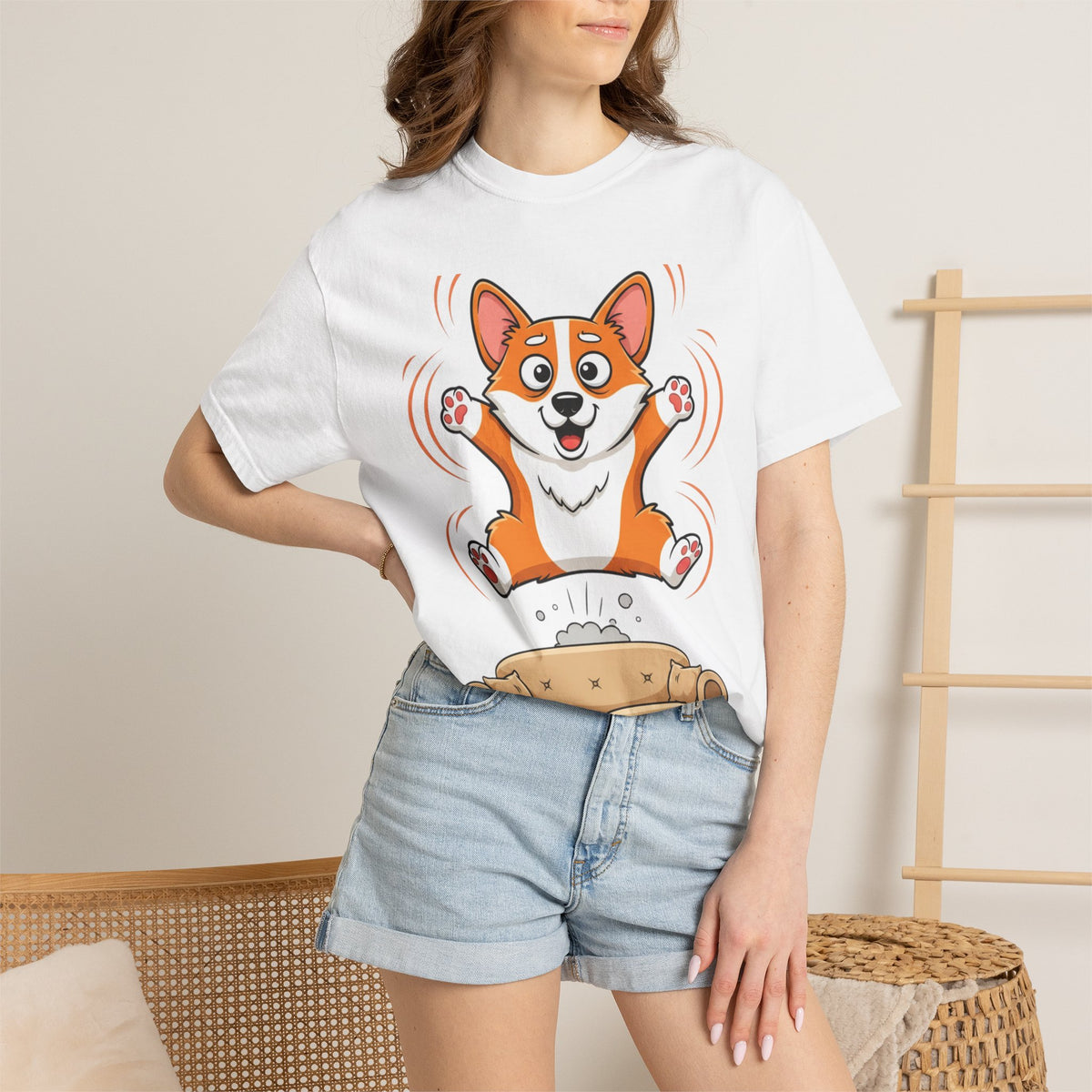 Corgi Jumping on Couch T-Shirt — Cute Dog Graphic Tee for Pet Lovers
