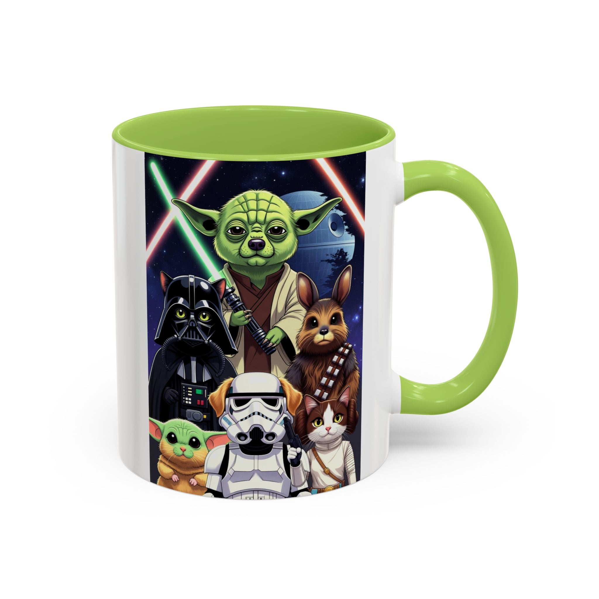 Star Wars Pets coffee mug featuring cartoon cats and dogs in a galaxy design with green handle and interior.