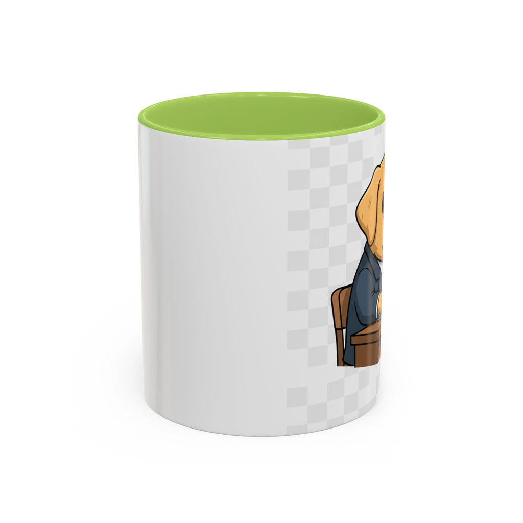 Yellow Lab Boss mug featuring a dog in a suit, with a green interior and a checkered background.