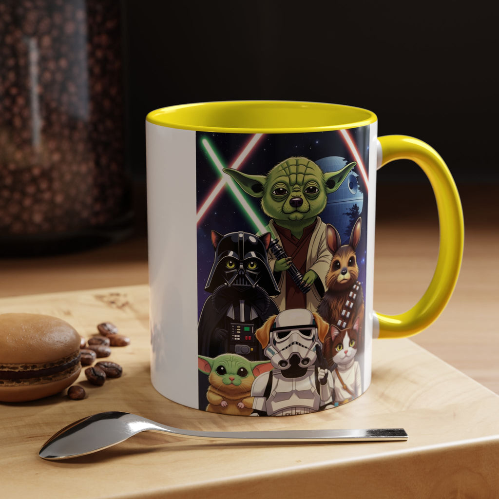 Star Wars Pets coffee mug featuring cartoon cats and dogs with lightsabers, yellow handle, and a wooden surface.