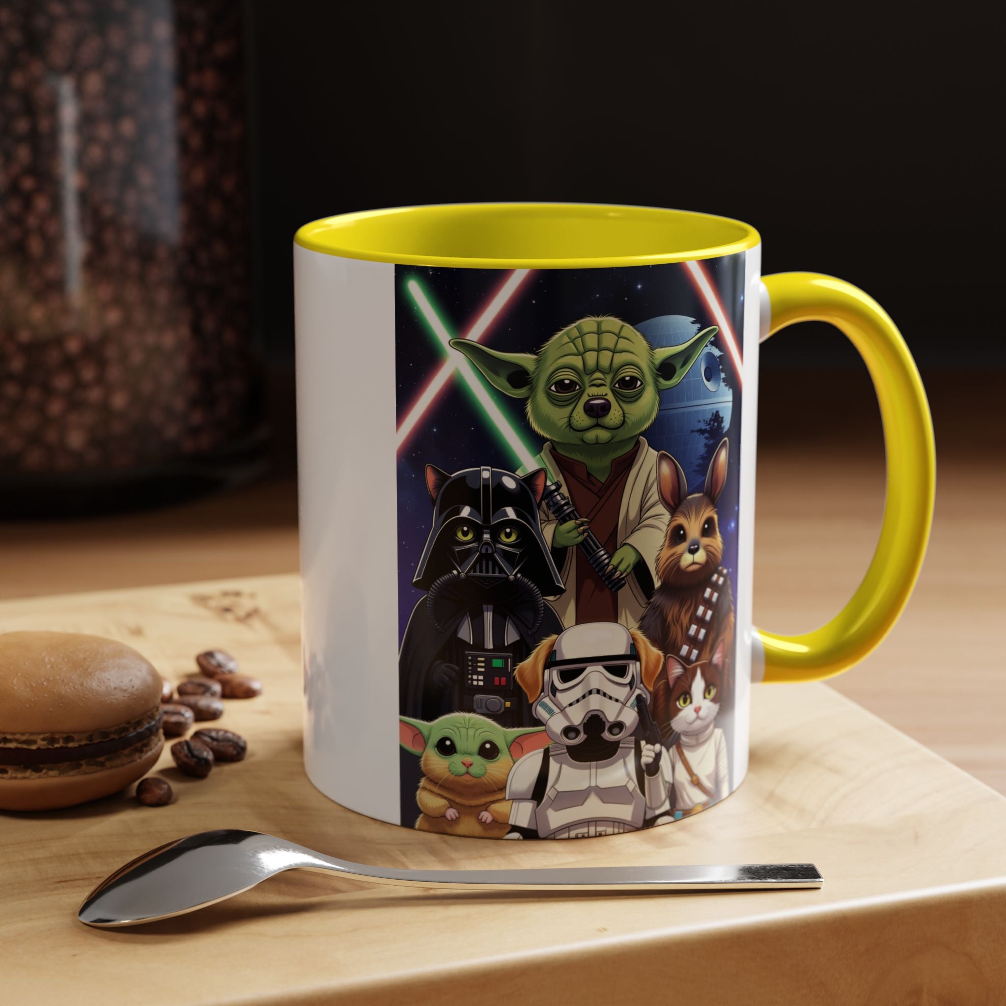 Star Wars Pets coffee mug featuring cartoon cats and dogs with lightsabers, yellow handle, and a wooden surface.
