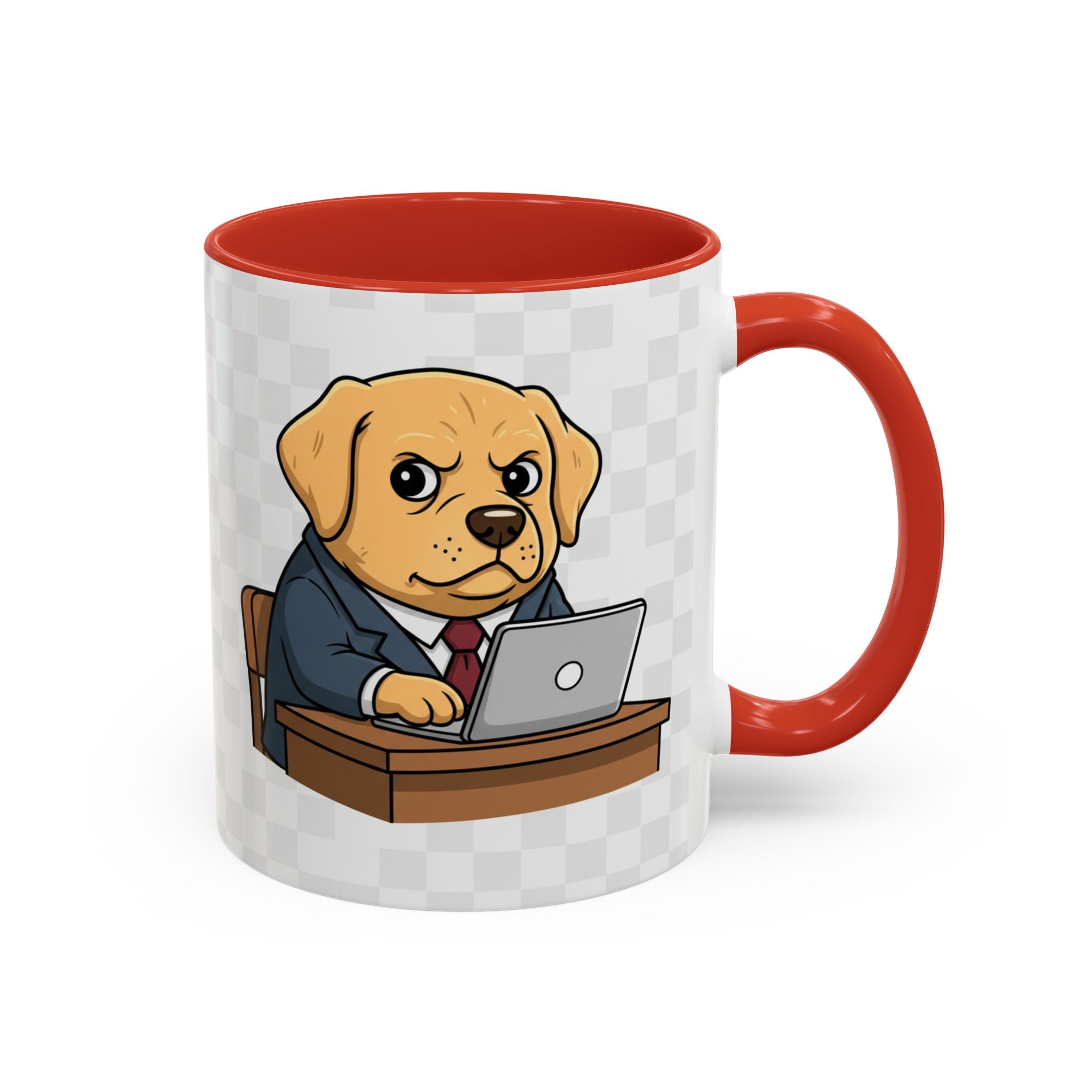 Yellow Lab Boss mug with a cartoon dog in a suit, sitting at a desk with a laptop, featuring a red handle.