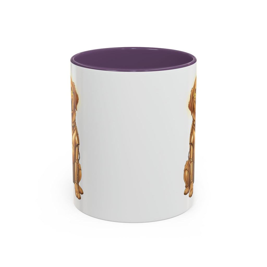Golden Retriever C-3PO mug with a white exterior and purple interior, featuring a dog in a C-3PO costume.