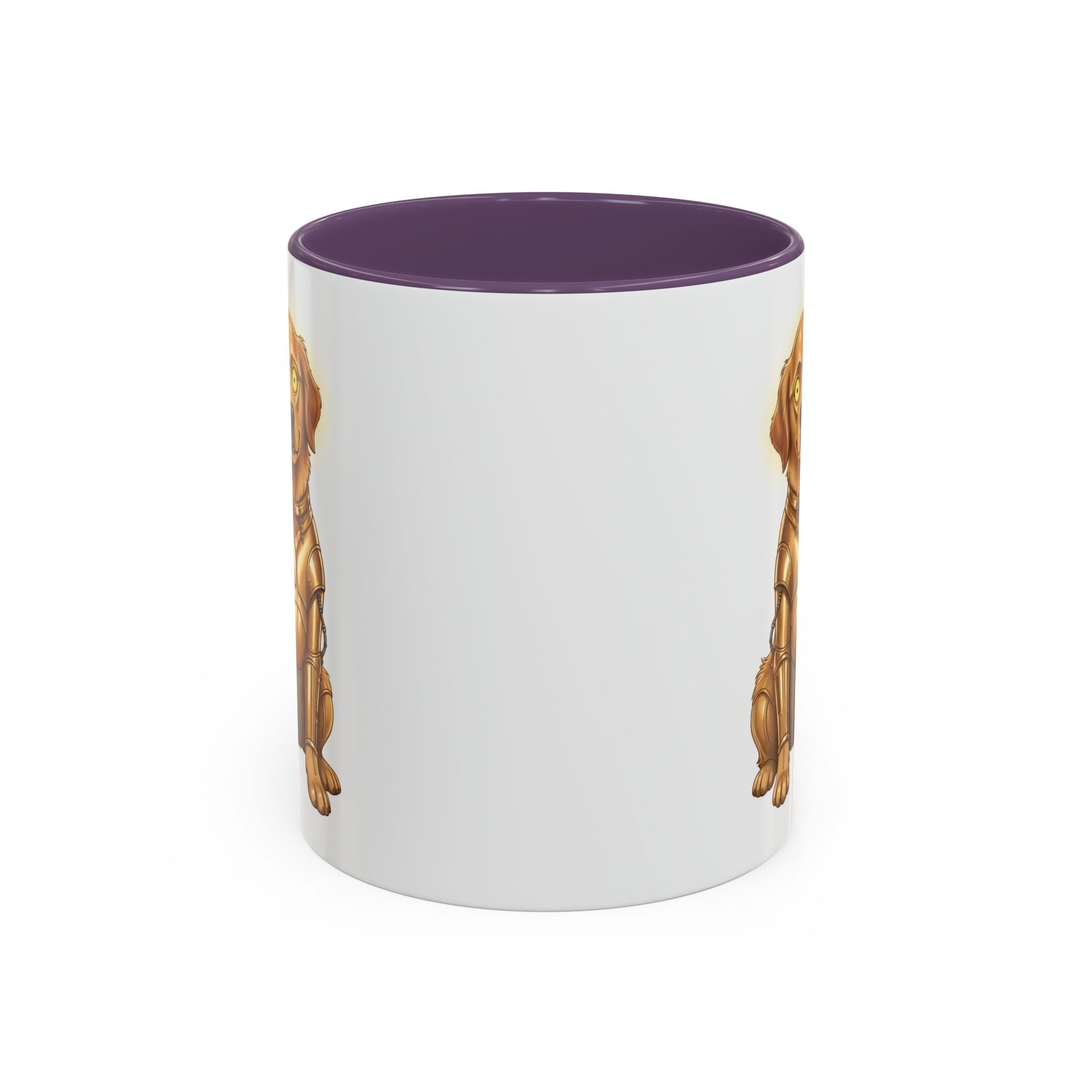 Golden Retriever C-3PO mug with a white exterior and purple interior, featuring a dog in a C-3PO costume.