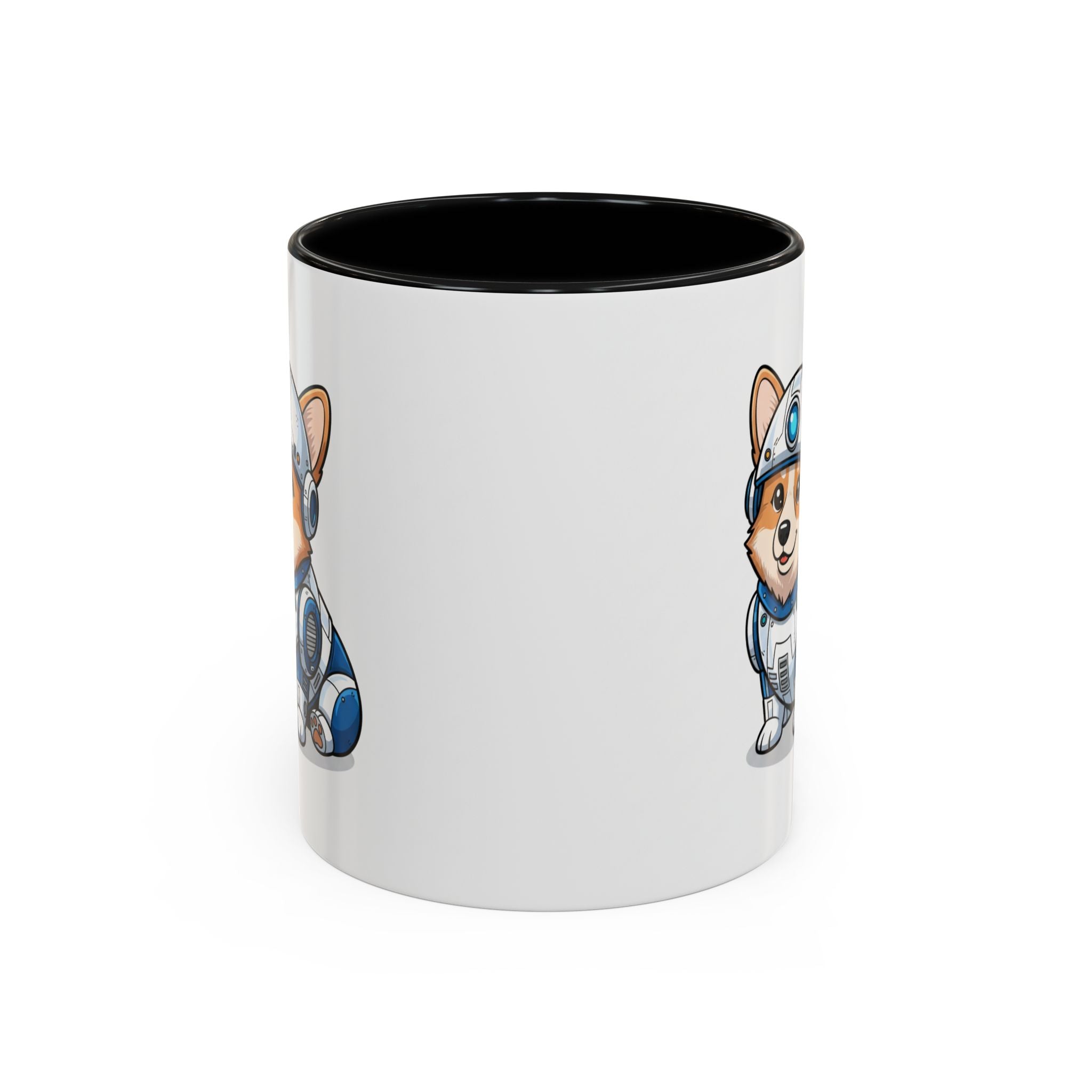 Corgi R2-D2 coffee mug featuring a cartoon corgi in a droid outfit, with a black interior and white exterior.