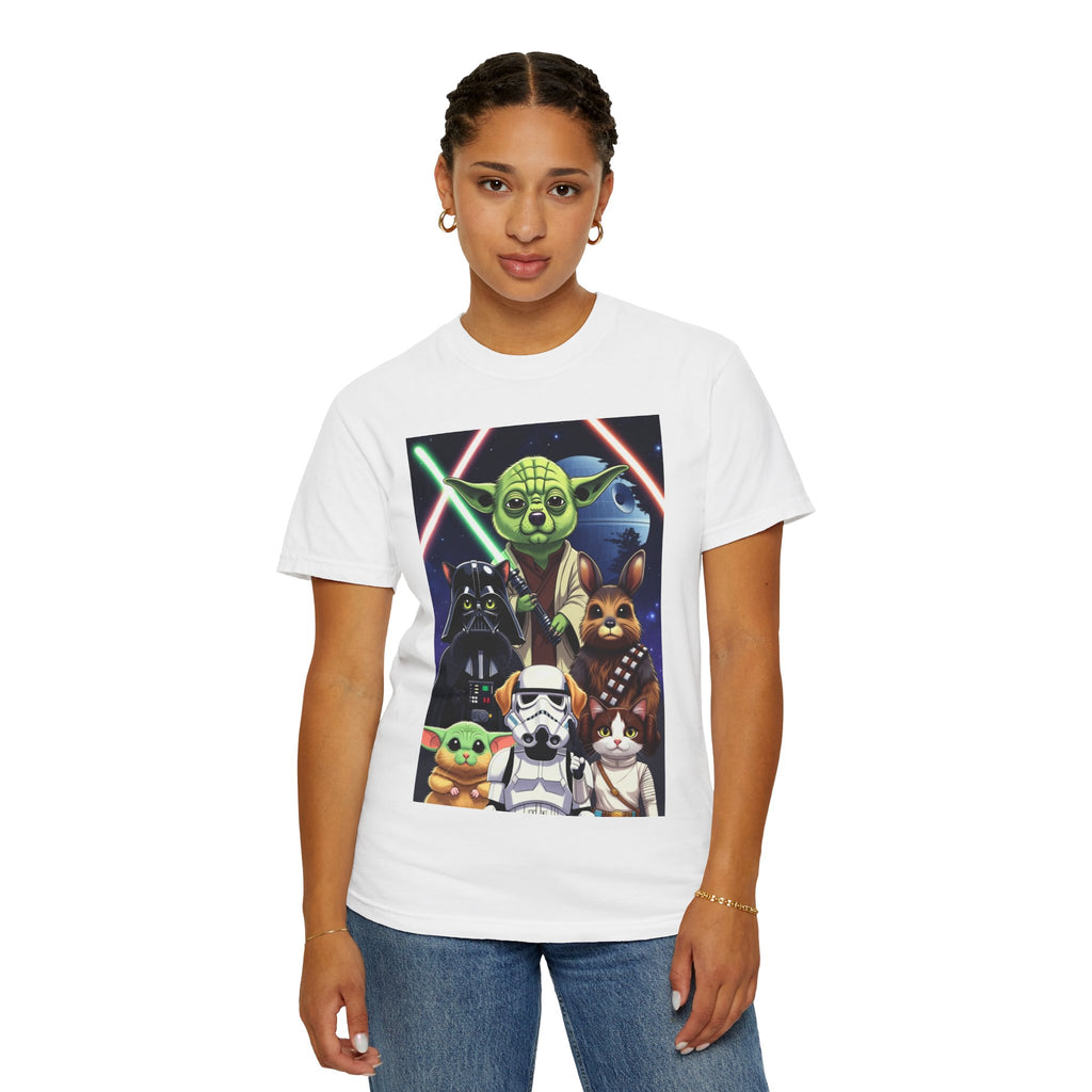 White t-shirt featuring a graphic of Yoda as a corgi, Darth Vader as a cat, and Chewbacca as a bunny.