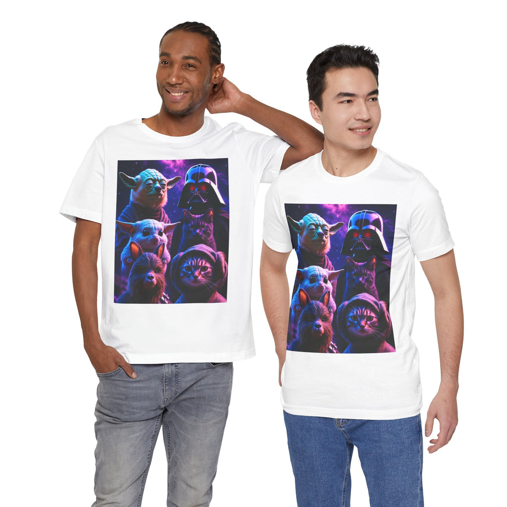 Pawsitive Force T-Shirt featuring cats and dogs in a galaxy design, worn by two men in white shirts.