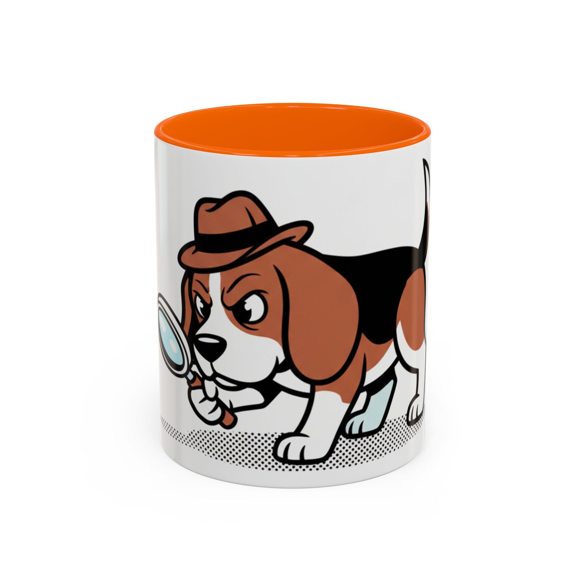 Detective Beagle mug with orange interior, featuring a cartoon beagle holding a magnifying glass and wearing a hat.