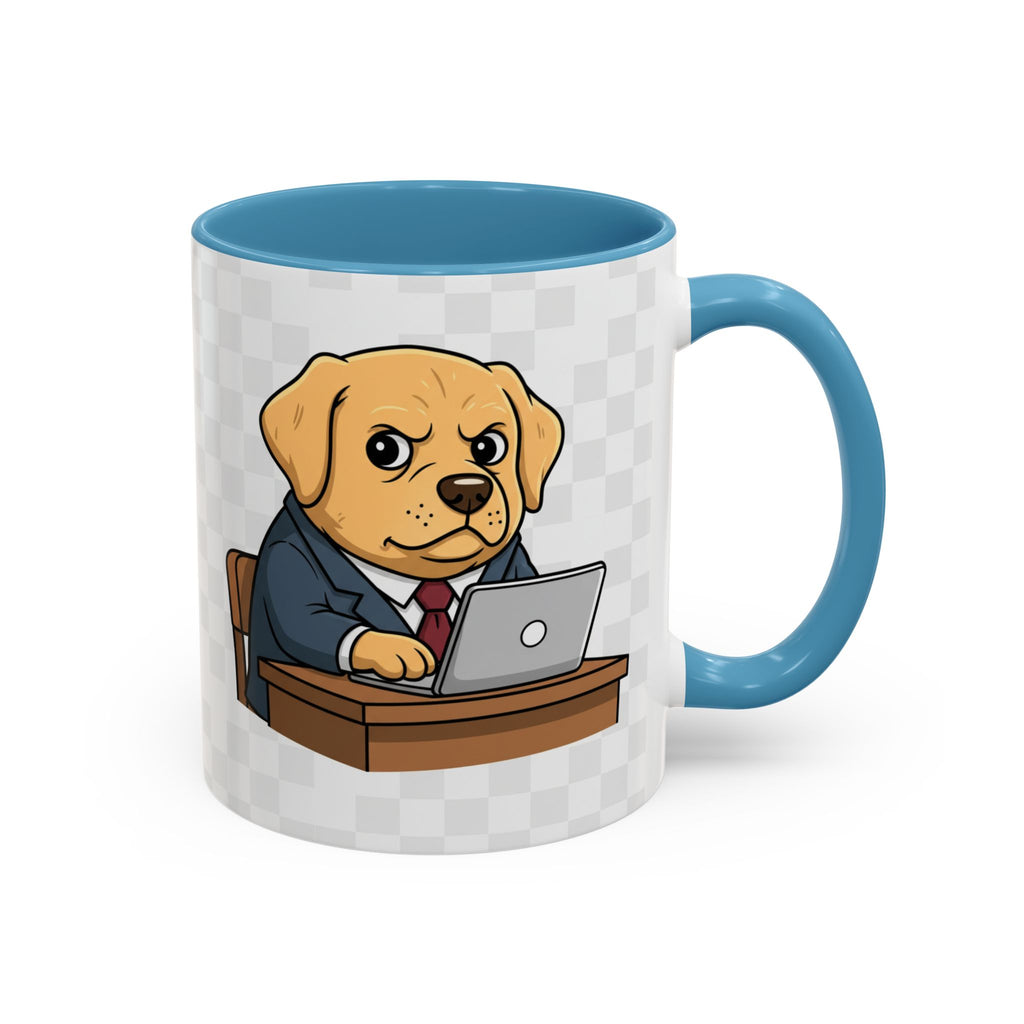 Yellow Lab Boss mug featuring a cartoon dog in a suit, sitting at a desk with a laptop, blue handle and interior.