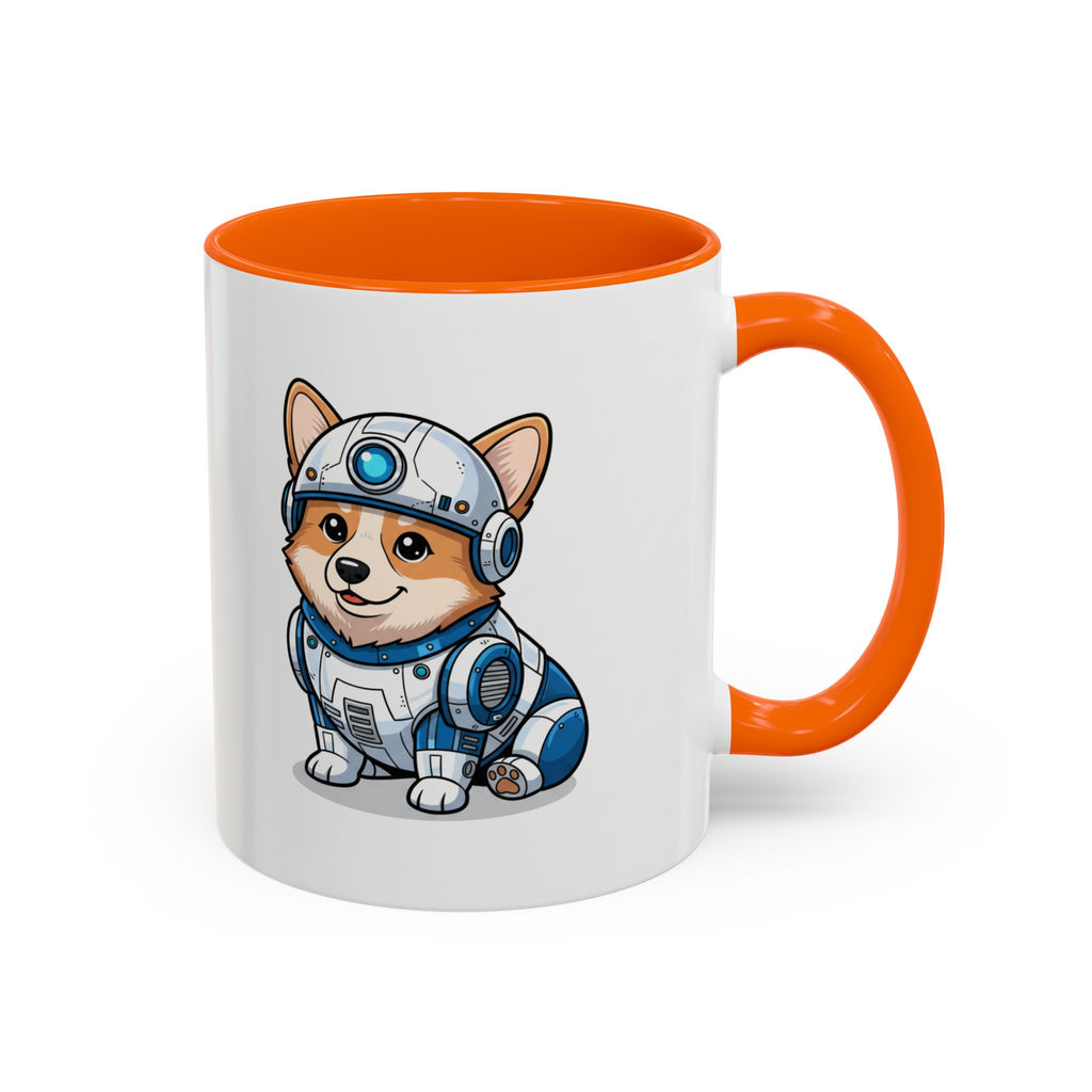 Corgi R2-D2 coffee mug with an orange handle, featuring a cartoon corgi in a droid costume.