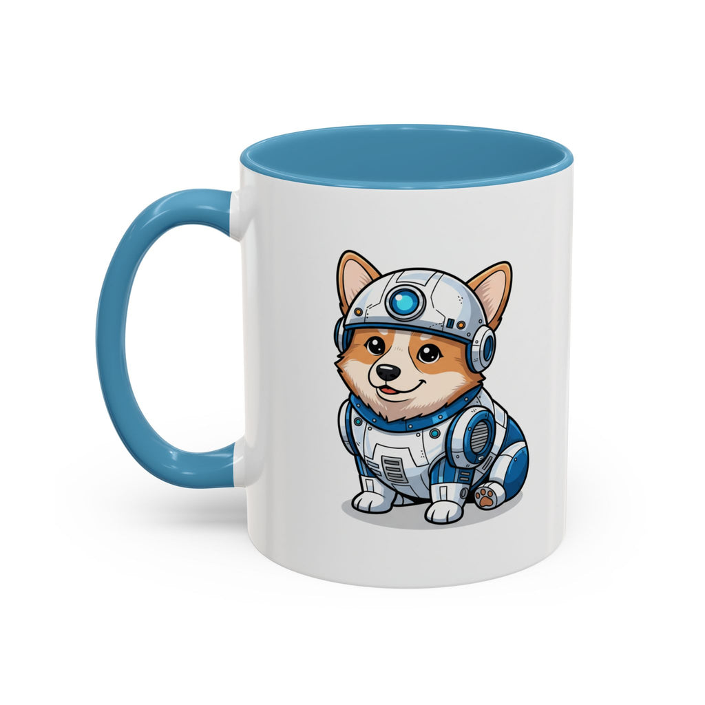 Corgi R2-D2 coffee mug with blue handle, featuring a cartoon corgi in a droid costume on a white background.