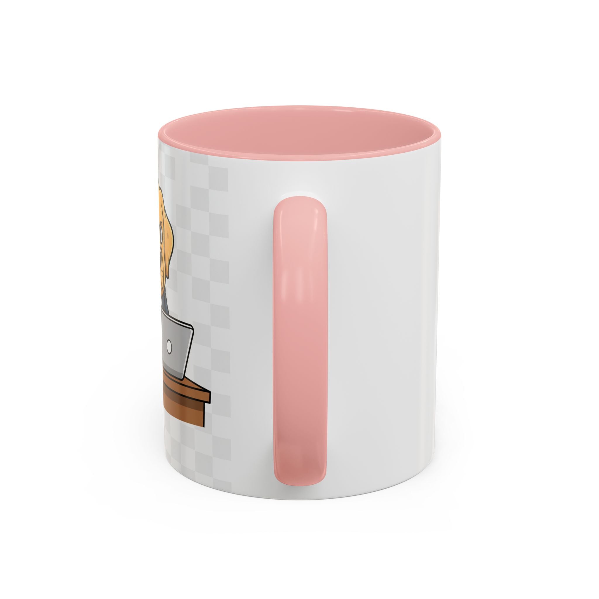 Yellow Lab Boss Mug featuring a cartoon dog in a suit, with a pink handle and interior, on a light gray background.