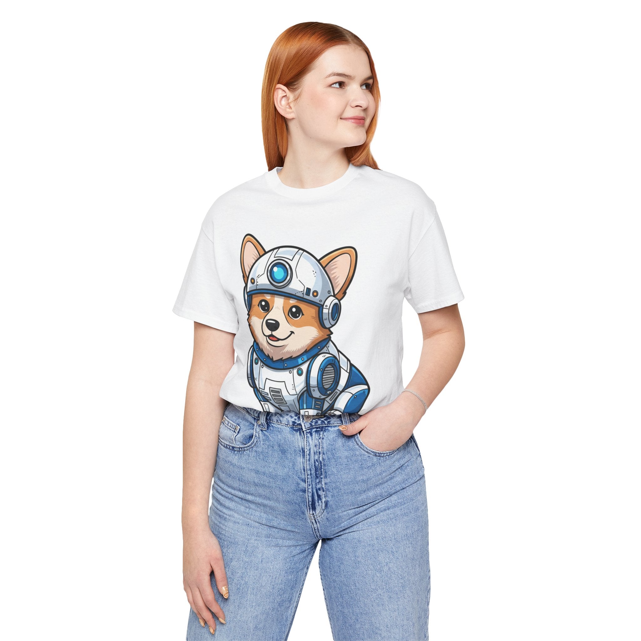 Corgi R2-D2 T-shirt featuring a cute cartoon corgi in a droid outfit on a white background, worn by a model.
