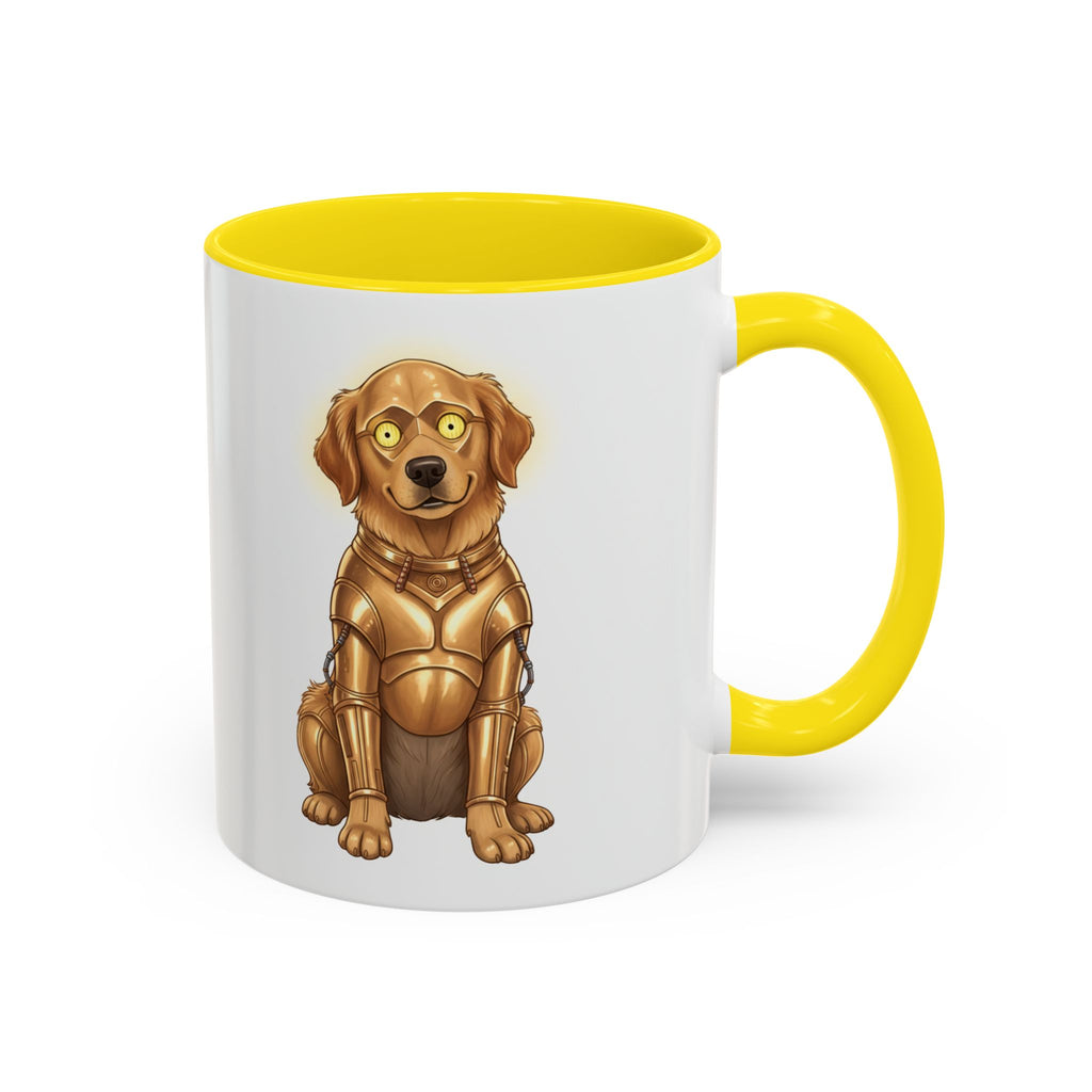Golden Retriever C-3PO mug with a yellow handle and interior, featuring a cartoon dog in a gold robot suit.