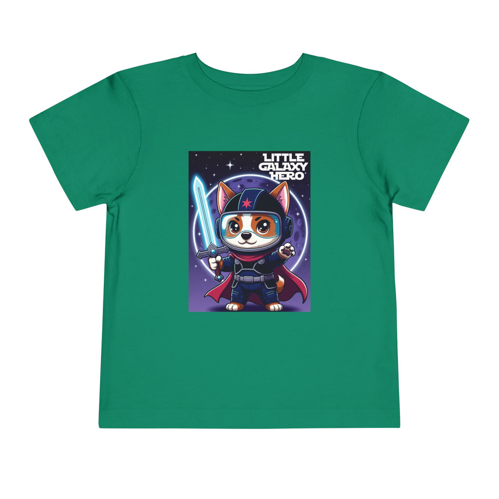 Little Galaxy Hero kids t-shirt in green featuring a cartoon space puppy wearing a helmet and holding a lightsaber.