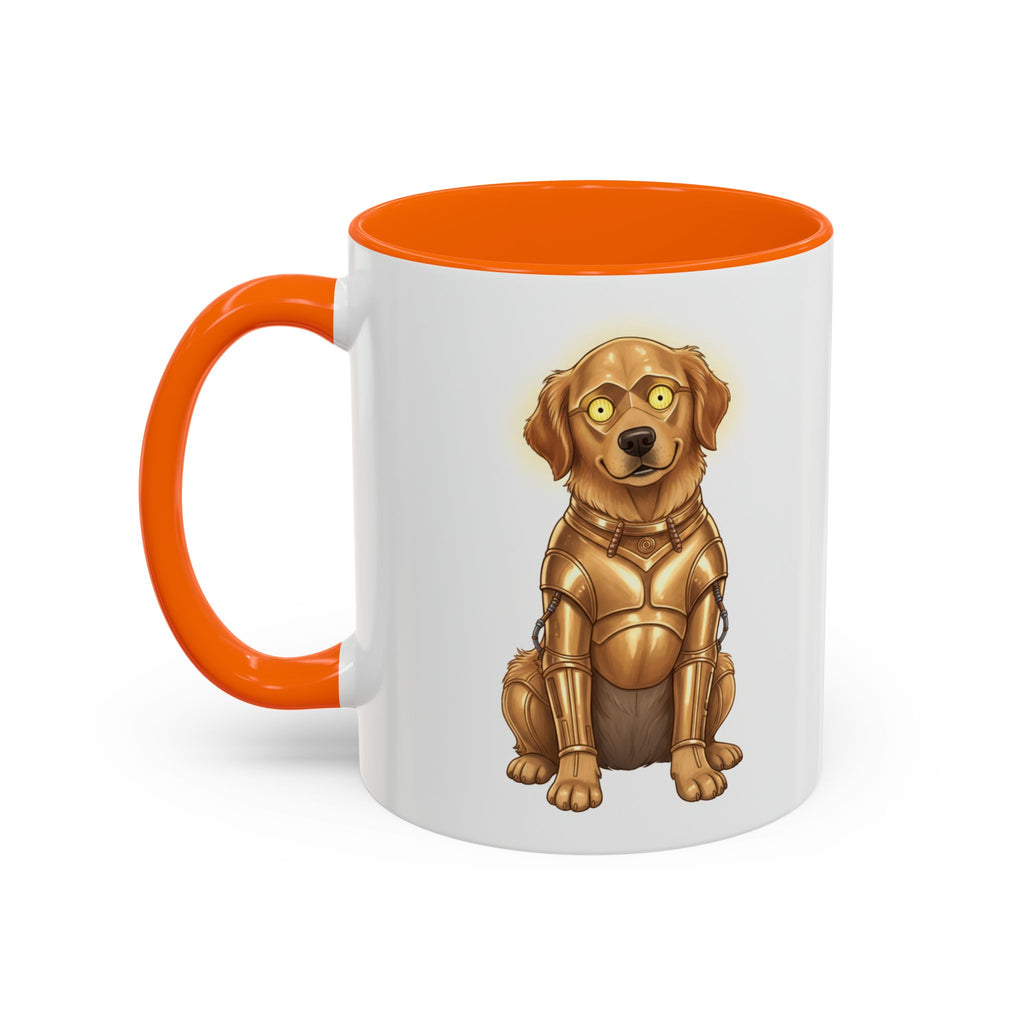 Golden Retriever C-3PO mug with an orange handle, featuring a cartoon dog in a gold droid costume.