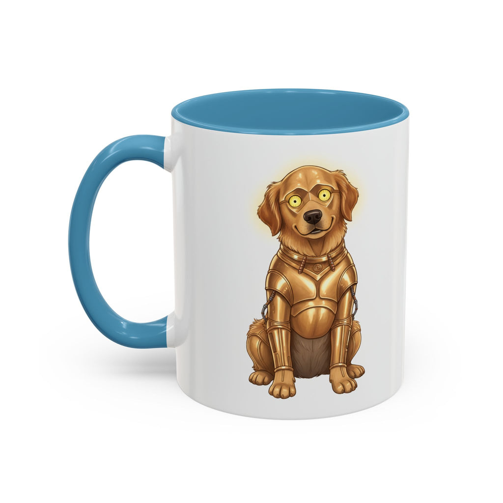 Golden Retriever C-3PO mug with a blue handle, featuring a cartoon dog in a gold droid costume.