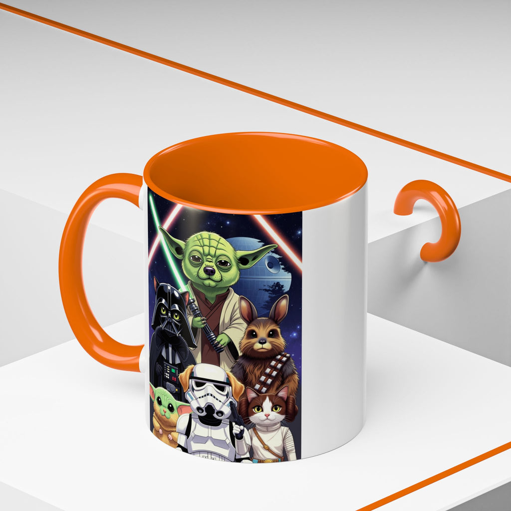 Star Wars Pets coffee mug featuring Yoda, Darth Vader, and various pets on a galaxy background with an orange handle.