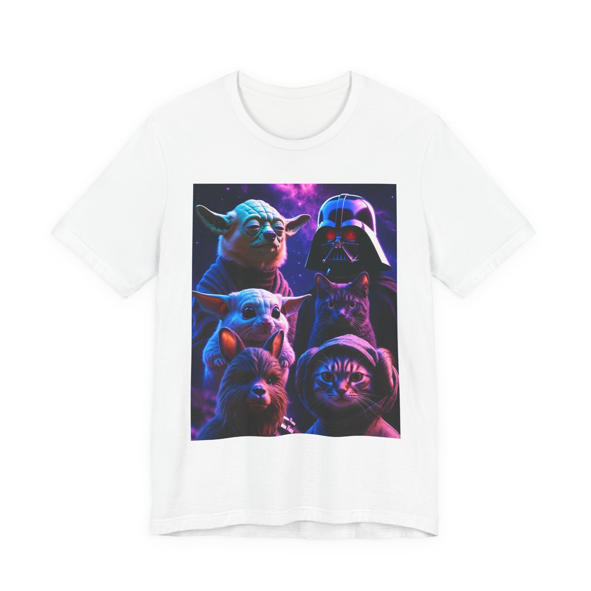 Pawsitive Force T-shirt featuring a graphic of cats and dogs styled as Star Wars characters on a white background.