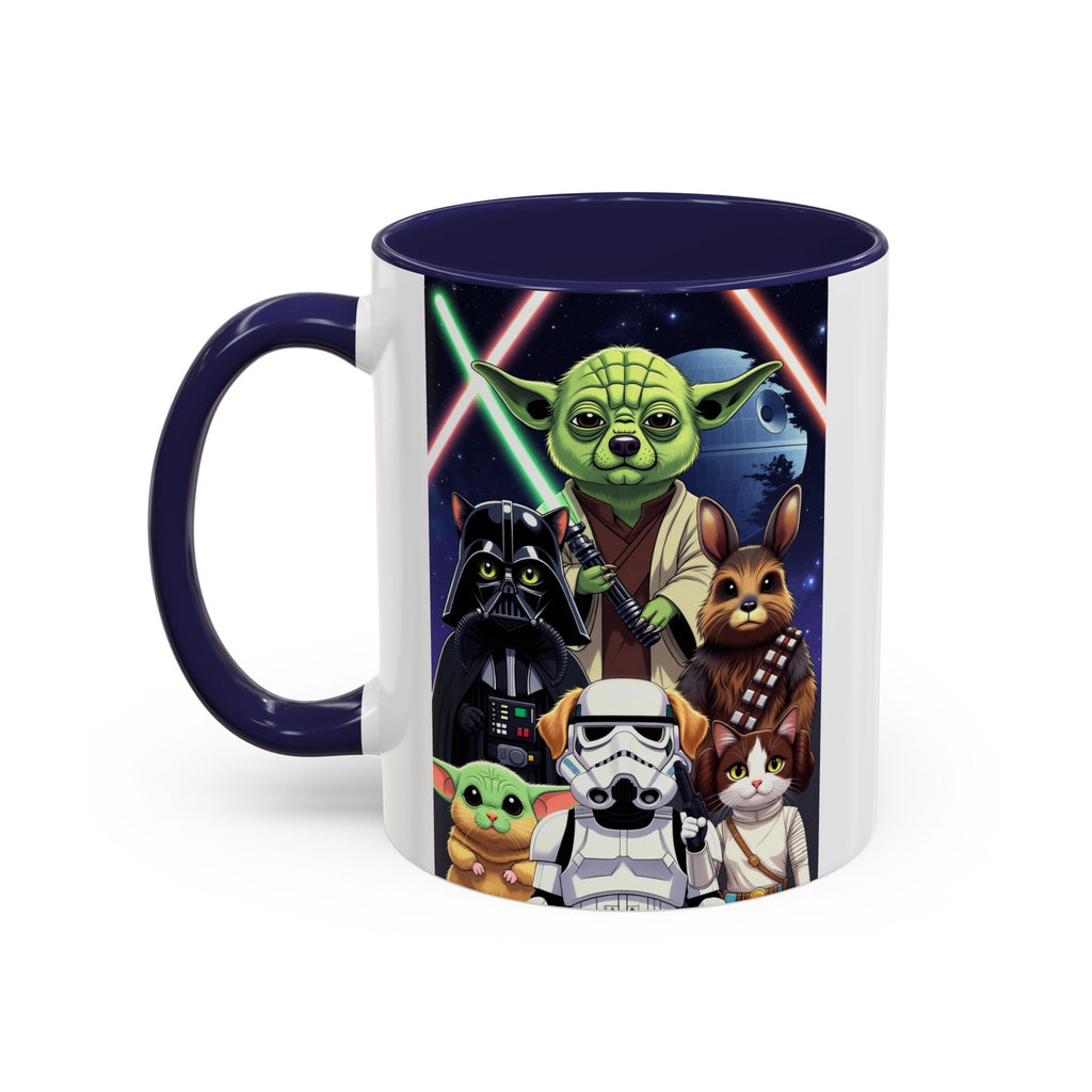 Star Wars Pets coffee mug featuring cartoon cats and dogs in galaxy design with lightsabers and iconic characters.