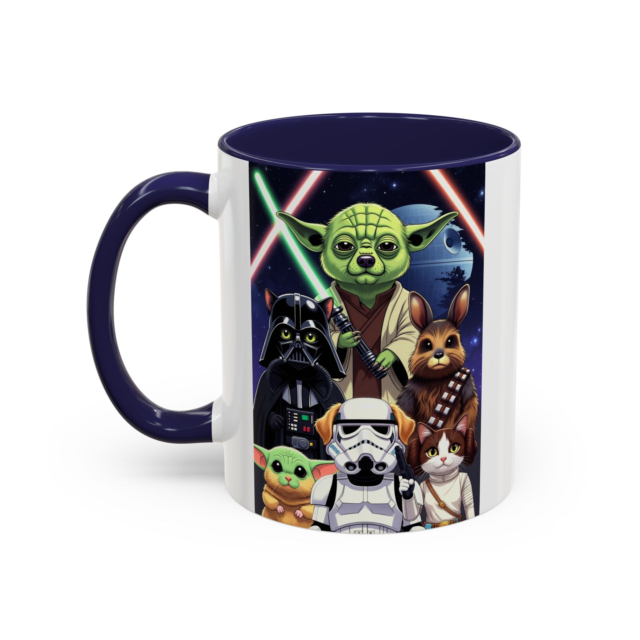 Star Wars Pets coffee mug featuring cartoon cats and dogs in galaxy design with lightsabers and iconic characters.
