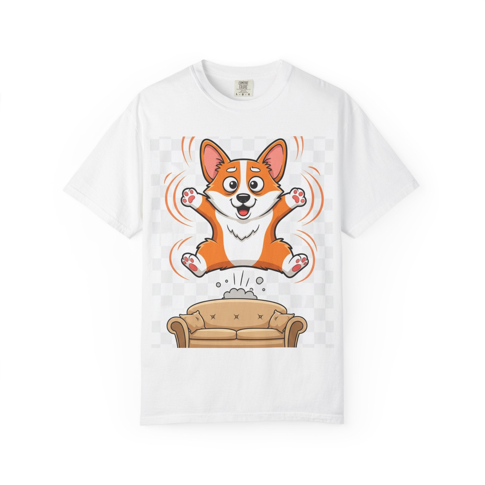 Corgi Jumping on Couch T-Shirt – Cute Dog Graphic Tee for Pet Lovers