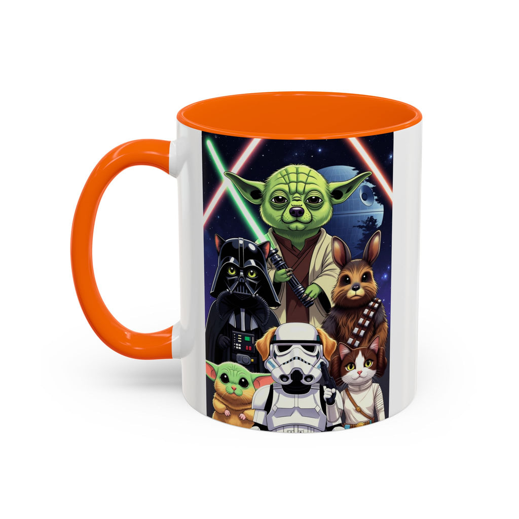 Star Wars pets coffee mug featuring cats and dogs in galaxy design with orange handle and interior.