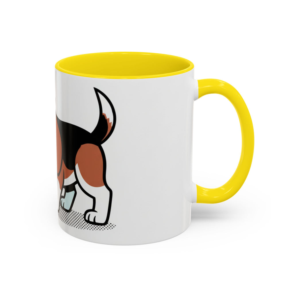 Detective Beagle mug featuring a beagle with a magnifying glass, white exterior and yellow handle.