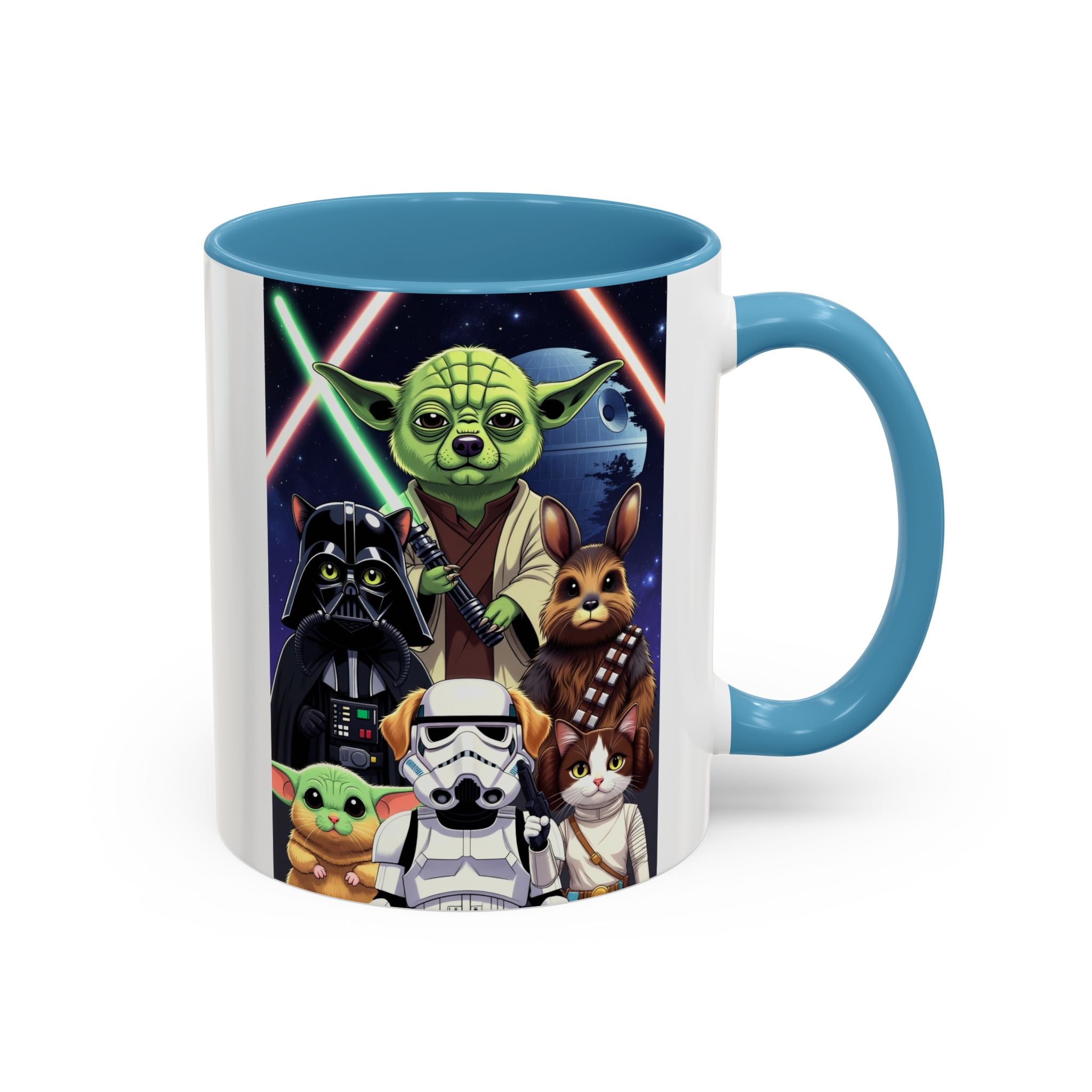 Star Wars Pets coffee mug featuring cartoon cats and dogs with lightsabers against a galaxy background.