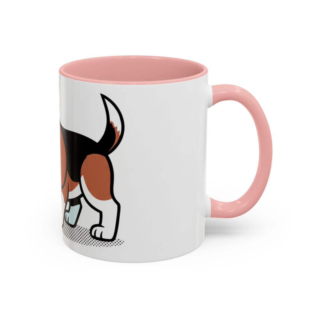 Detective Beagle mug with a pink handle, featuring a cartoon beagle holding a magnifying glass.
