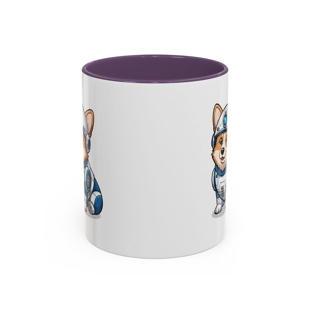 Corgi R2-D2 coffee mug with purple interior, featuring a cartoon corgi in a droid costume on one side.