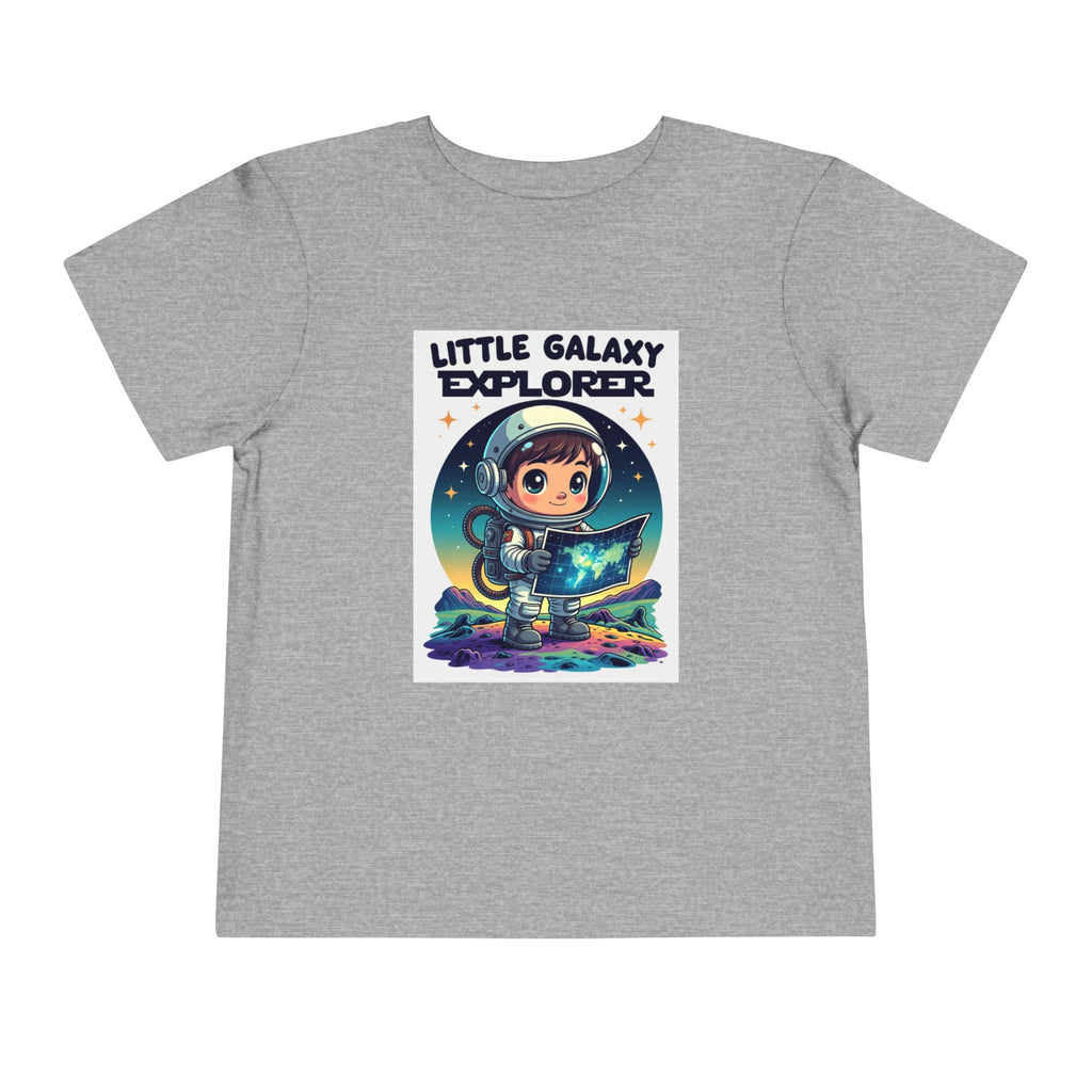 Gray kids' t-shirt featuring a cartoon child in a space suit holding a map, with "Little Galaxy Explorer" text above.