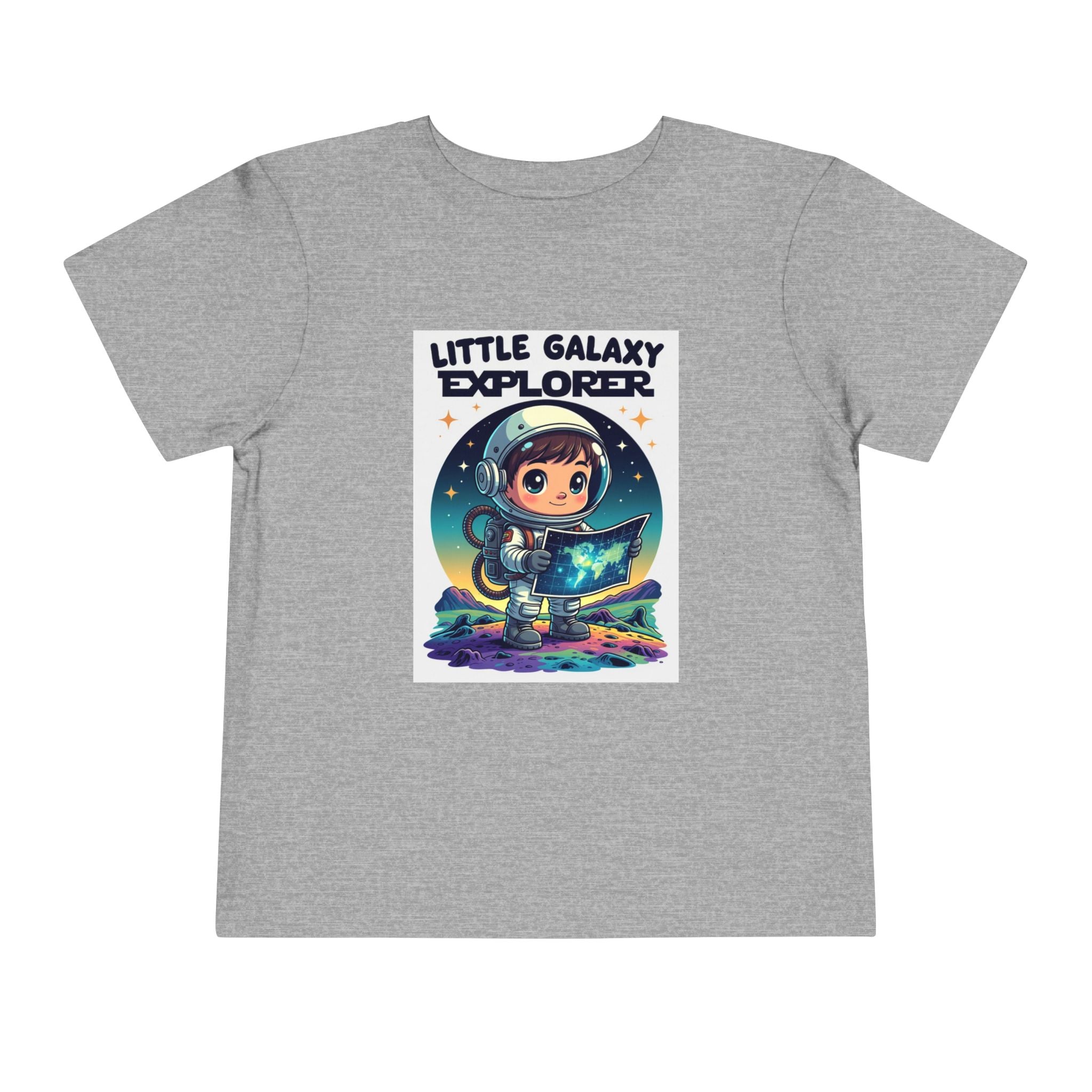 Gray kids' t-shirt featuring a cartoon child in a space suit holding a map, with "Little Galaxy Explorer" text above.