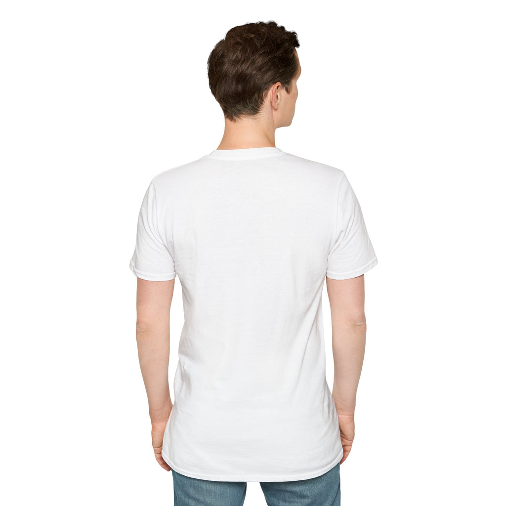 White Pawsitive Force T-shirt featuring a humorous Star Wars pet mashup design, shown from the back on a model.