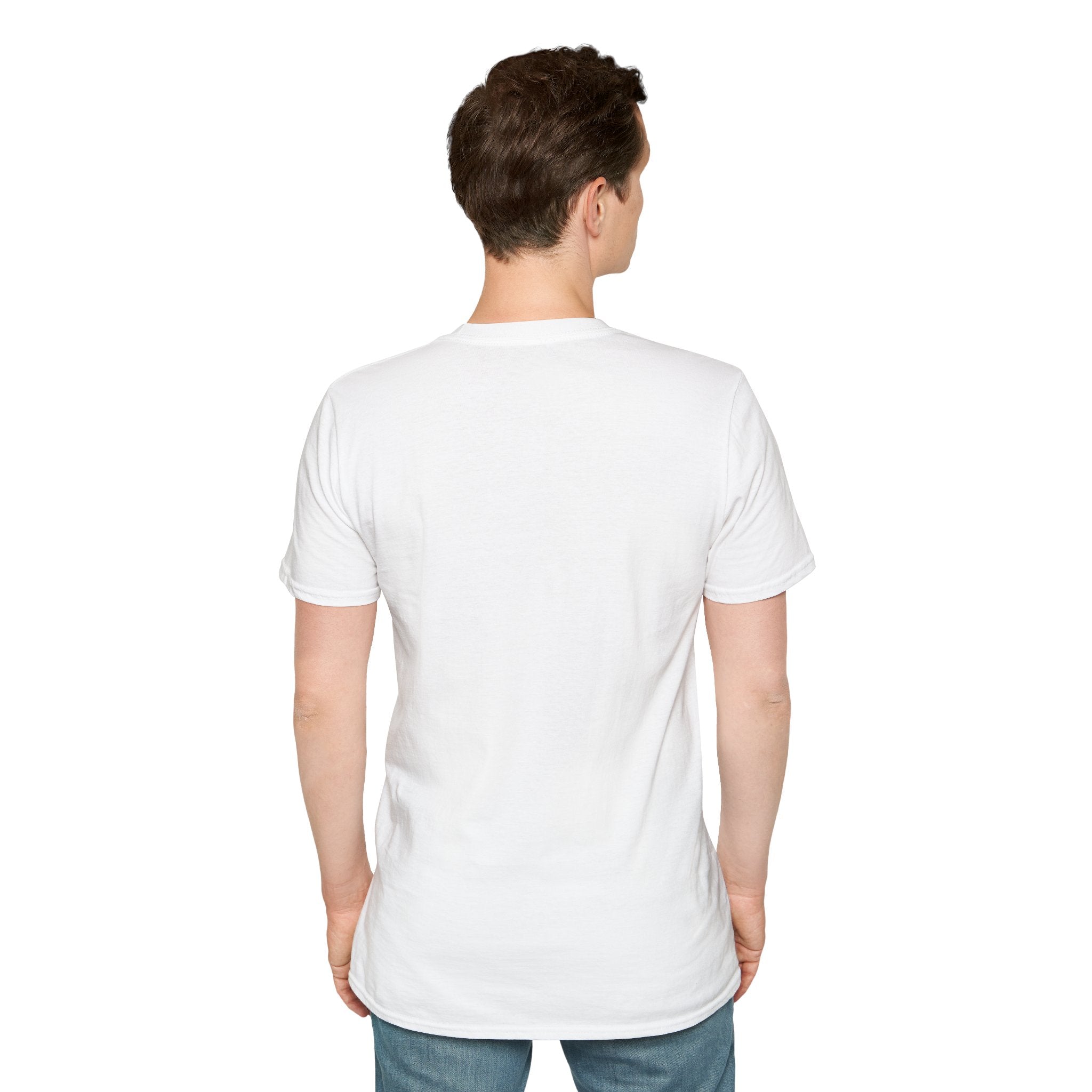 White Pawsitive Force T-shirt featuring a humorous Star Wars pet mashup design, shown from the back on a model.