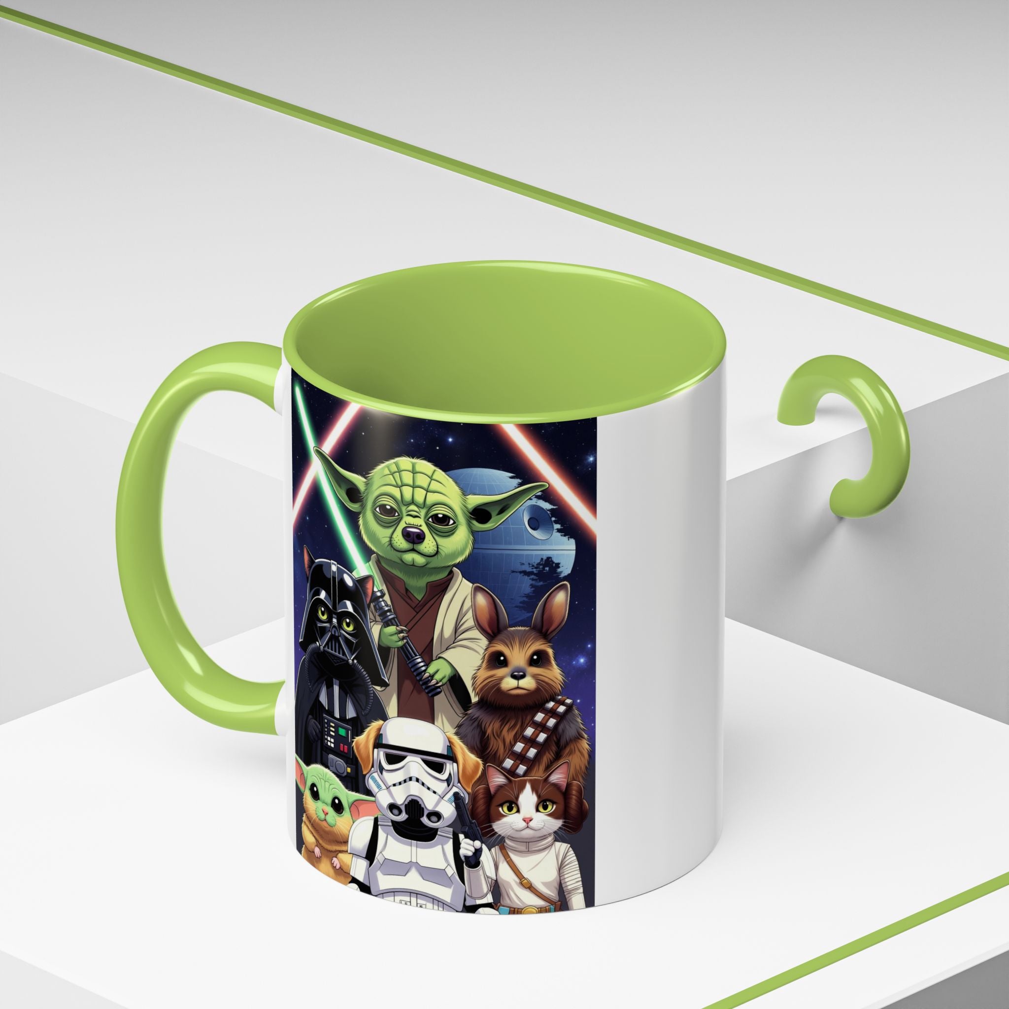 Star Wars Pets coffee mug featuring a galaxy design with Yoda, Darth Vader, and various pets on a white background.