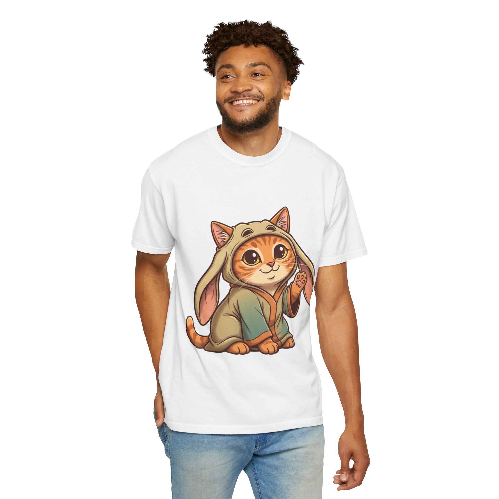 White t-shirt featuring an orange tabby cat in a hooded outfit, styled as a Star Wars character.