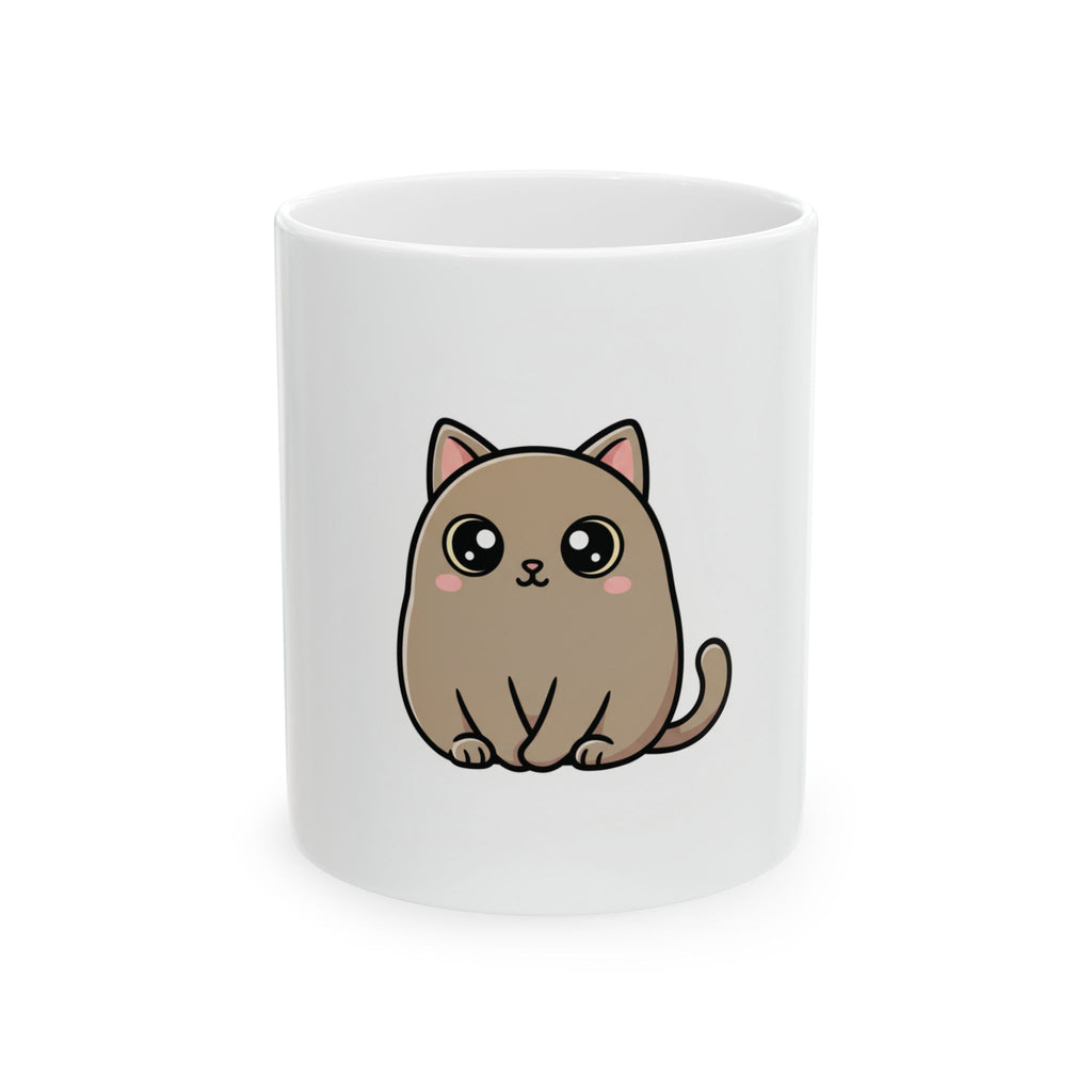 White mug with a cute brown cat illustration on a white background