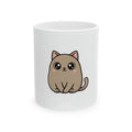White mug with a cute brown cat illustration on a white background