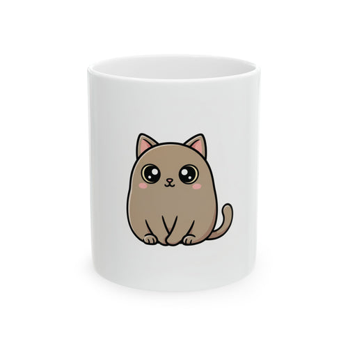 White mug with a cute brown cat illustration on a white background