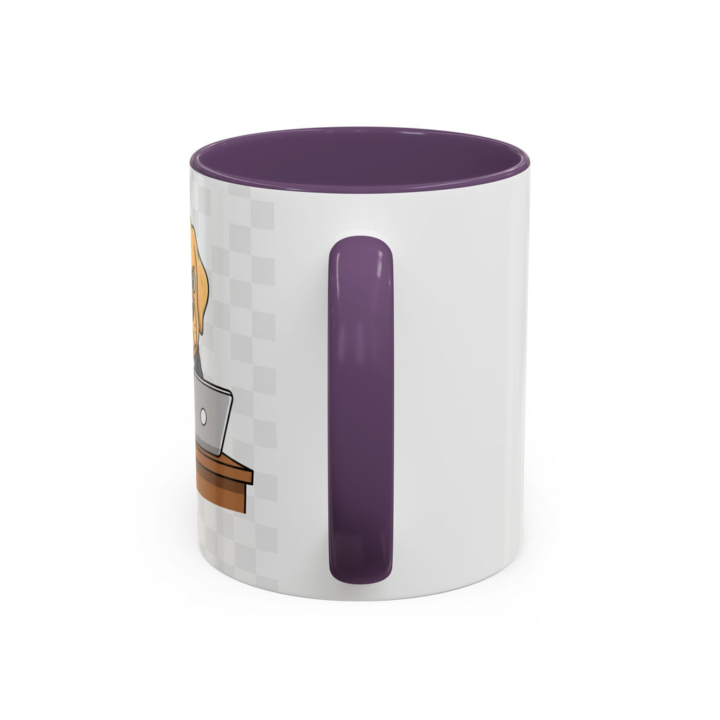 Yellow Lab Boss mug featuring a cartoon dog in a suit, with a purple handle and interior, set against a light background.