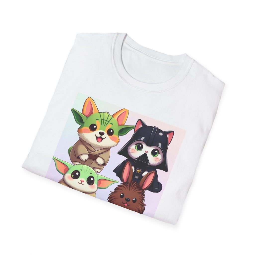 Pawsitive Force T-shirt featuring cartoon pets styled as Star Wars characters on a white background.