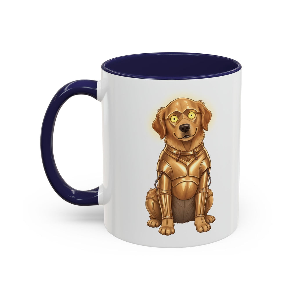 Golden Retriever C-3PO mug with a navy blue handle, featuring a cartoon dog in a gold droid costume.