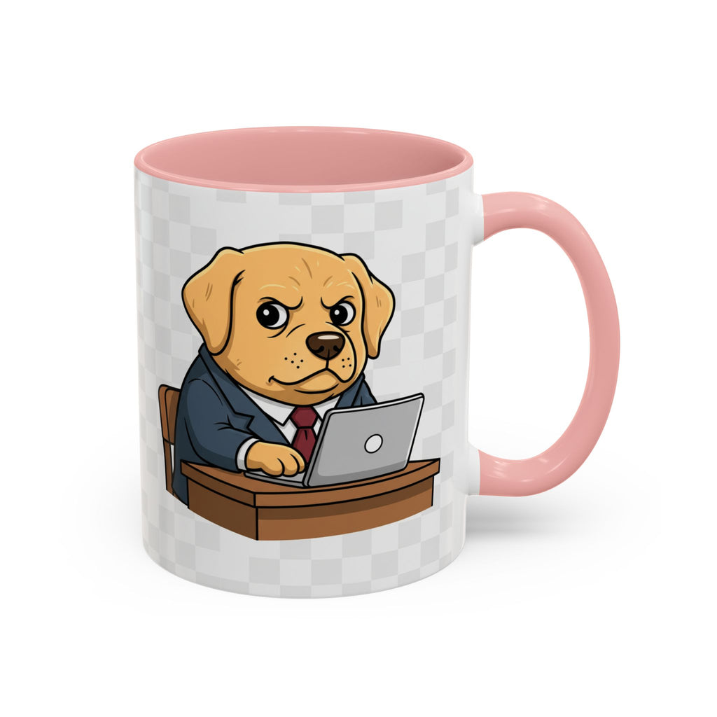 Yellow Lab Boss mug featuring a cartoon dog in a suit, sitting at a desk with a laptop, pink handle and interior.