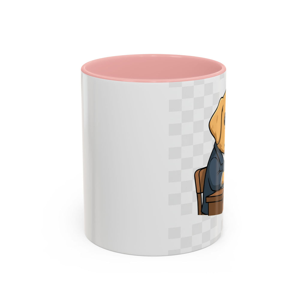 Yellow Lab Boss mug featuring a dog in a suit, with a pink interior and a white exterior design.