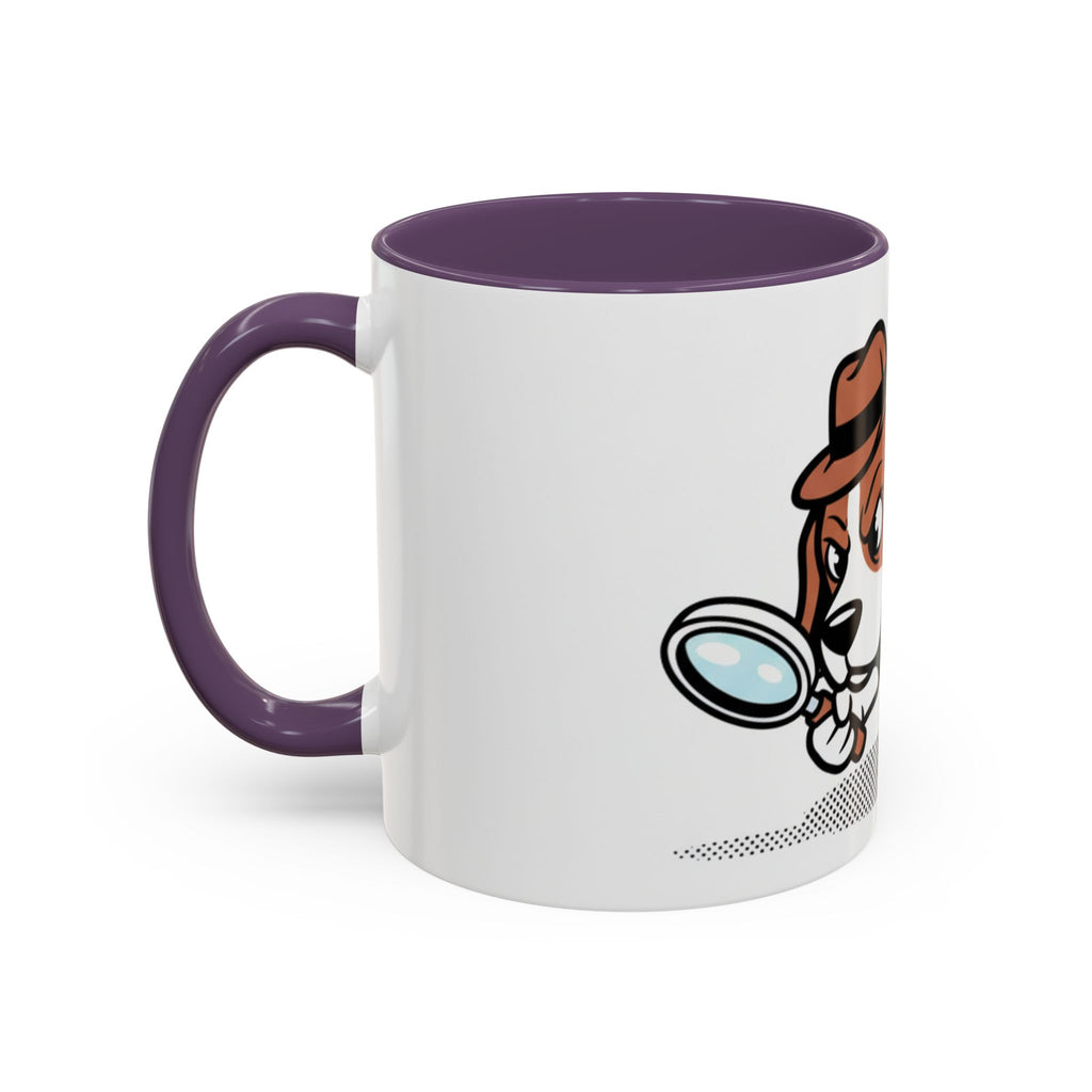 Detective Beagle mug featuring a cartoon dog with a magnifying glass and a purple handle.
