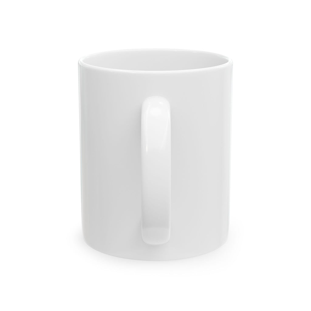 White mug with a cute brown cat illustration on a white background